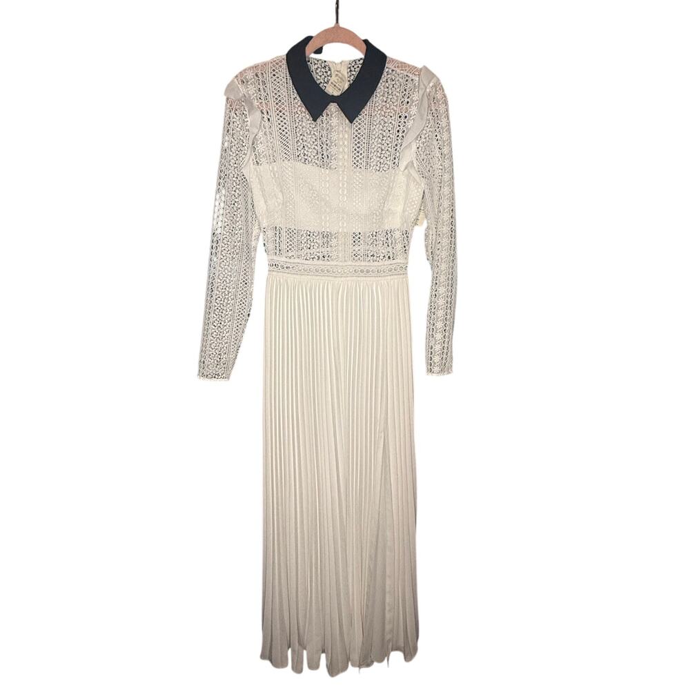 NWT Self-Portrait Stripe Panelled Lace Midi Dress White Size 4
